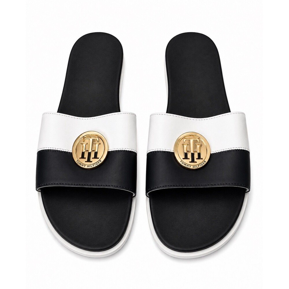 Tommy Hilfiger Souli Slides Women's 8.5M Navy White Gold Logo Slip-On Sandals